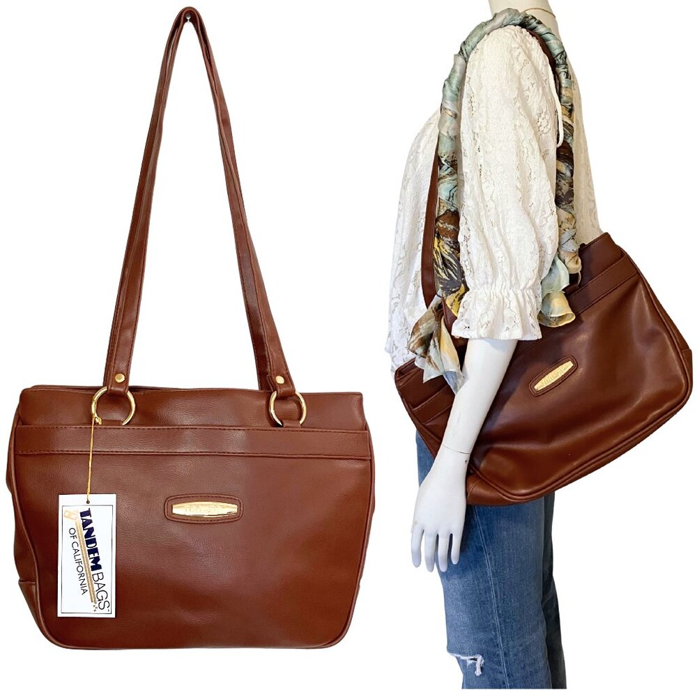 Deadstock Vintage 90s Brown Leather Shoulder Bag Classic Tote Preppy Large Work - Picture 1 of 11